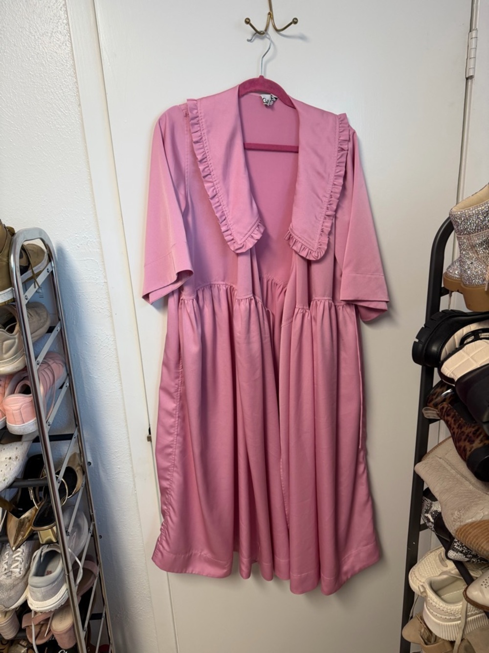Ganni Pink Satin Ruffle Oversized Wrap Midi Dress
